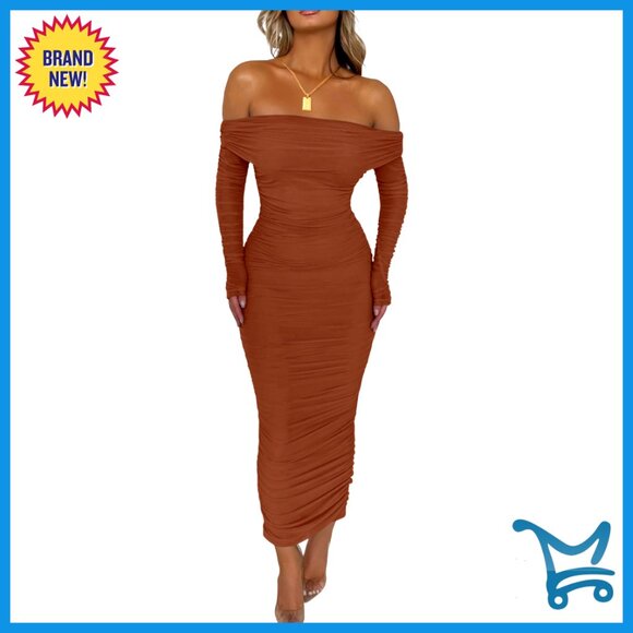 Off Shoulder Maxi Dress Long Sleeve Ruched Bodycon Club Night Out Slit